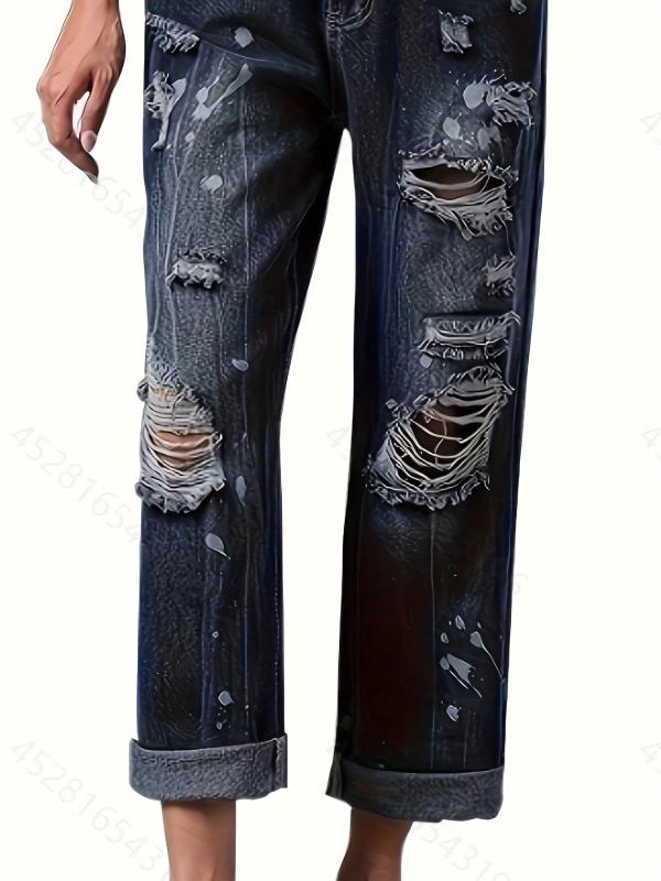 Ripped Holes Straight Jeans Loose Fit Distressed Denim Trousers