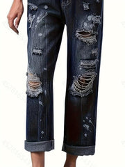 Ripped Holes Straight Jeans Loose Fit Distressed Denim Trousers