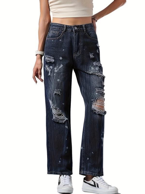 Ripped Holes Straight Jeans Loose Fit Distressed Denim Trousers