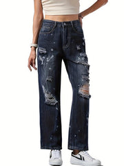 Ripped Holes Straight Jeans Loose Fit Distressed Denim Trousers