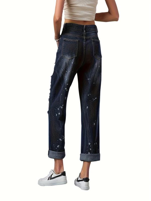Ripped Holes Straight Jeans Loose Fit Distressed Denim Trousers