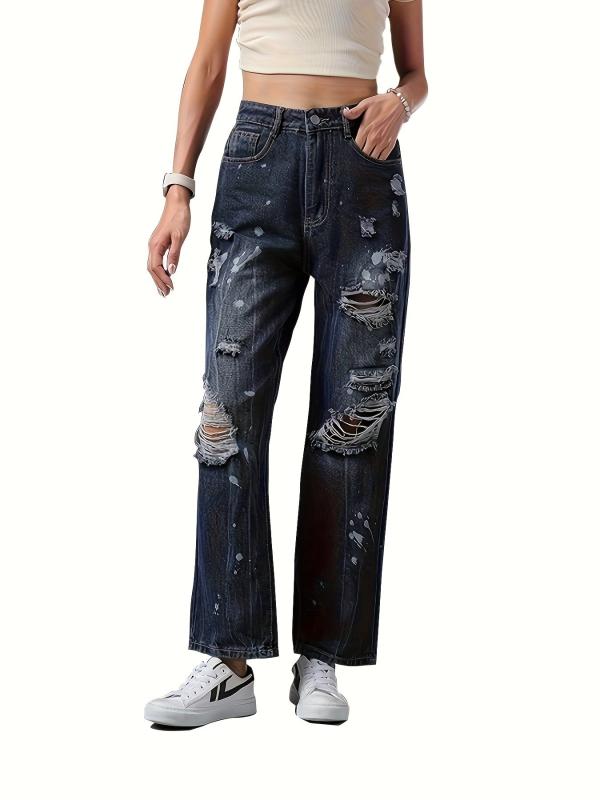 Ripped Holes Straight Jeans Loose Fit Distressed Denim Trousers