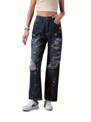 Ripped Holes Straight Jeans Loose Fit Distressed Denim Trousers