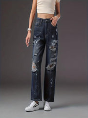 Ripped Holes Straight Jeans Loose Fit Distressed Denim Trousers