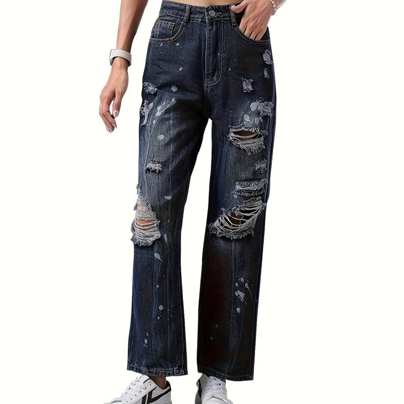Ripped Holes Straight Jeans Loose Fit Distressed Denim Trousers