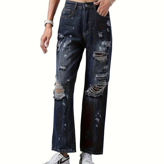 Ripped Holes Straight Jeans Loose Fit Distressed Denim Trousers