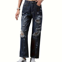 Ripped Holes Straight Jeans Loose Fit Distressed Denim Trousers