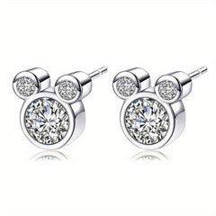 925 Silver Mouse Zircon Stud Earrings for Women Girls
