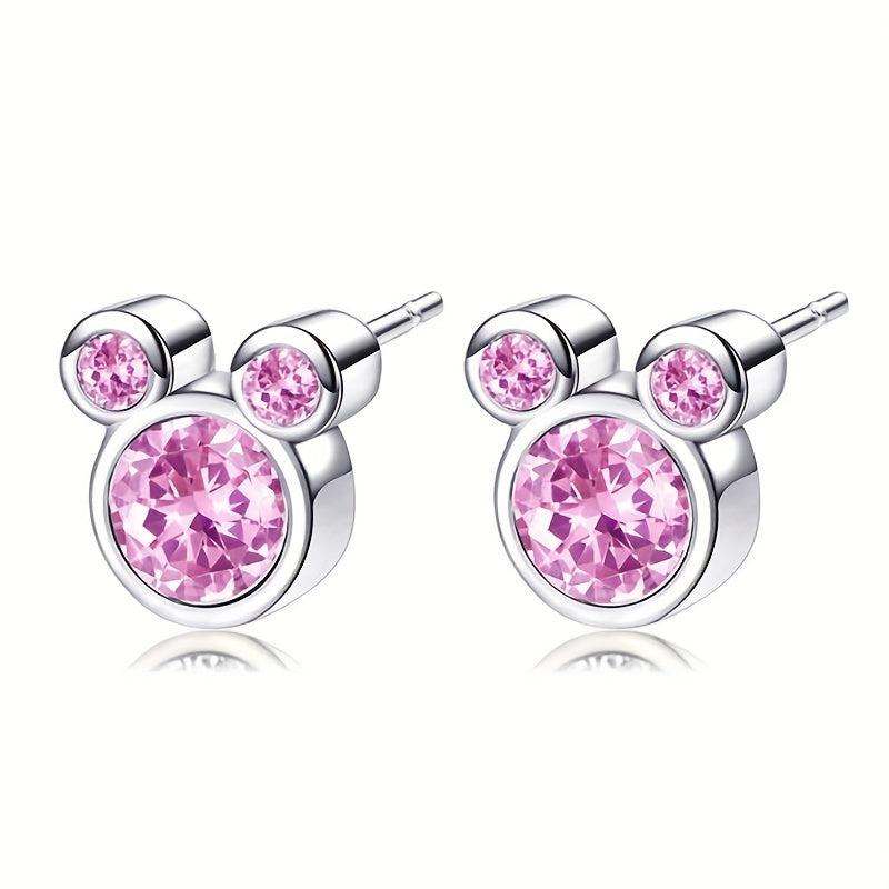 925 Silver Mouse Zircon Stud Earrings for Women Girls
