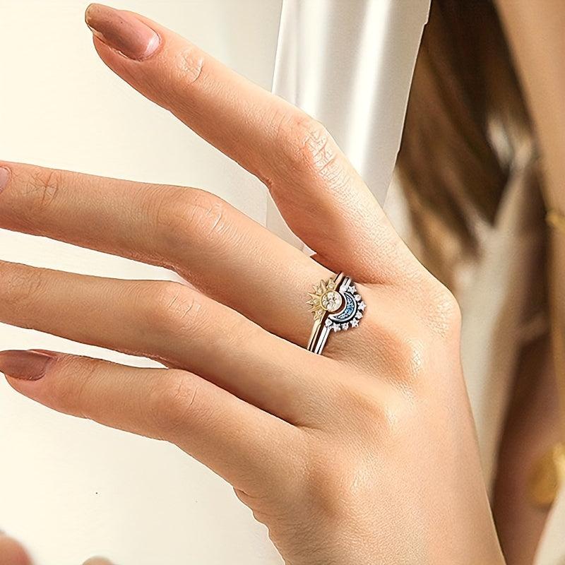 925 Silver Promise Ring Moon Sun Zircon Wedding Ring Young Couples Sizes