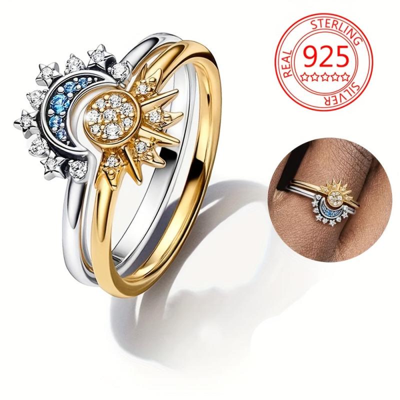 925 Silver Promise Ring Moon Sun Zircon Wedding Ring Young Couples Sizes