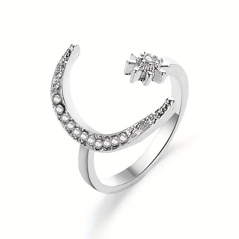 Moon Star Rhinestone Metal Ring Adjustable Women Girls Jewelry