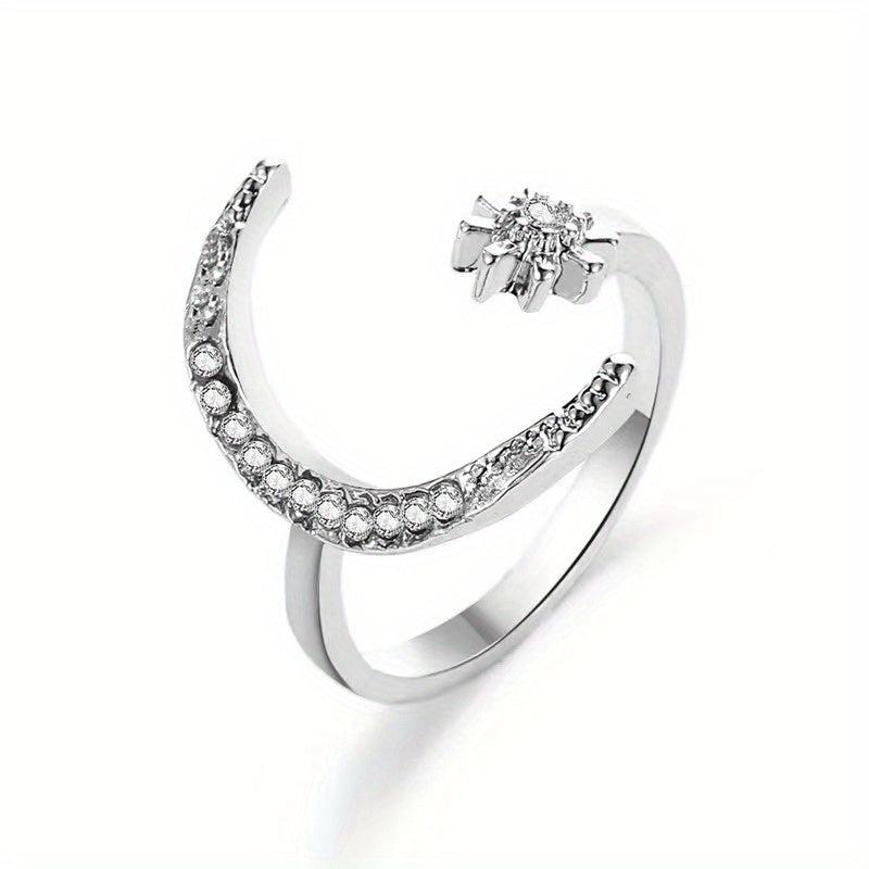 Moon Star Rhinestone Metal Ring Adjustable Women Girls Jewelry