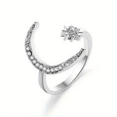 Moon Star Rhinestone Metal Ring Adjustable Women Girls Jewelry