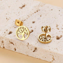 Life Tree Hollow Circle Stud Earrings Stainless Steel 18K Plated
