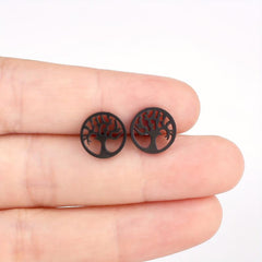 Life Tree Hollow Circle Stud Earrings Stainless Steel 18K Plated