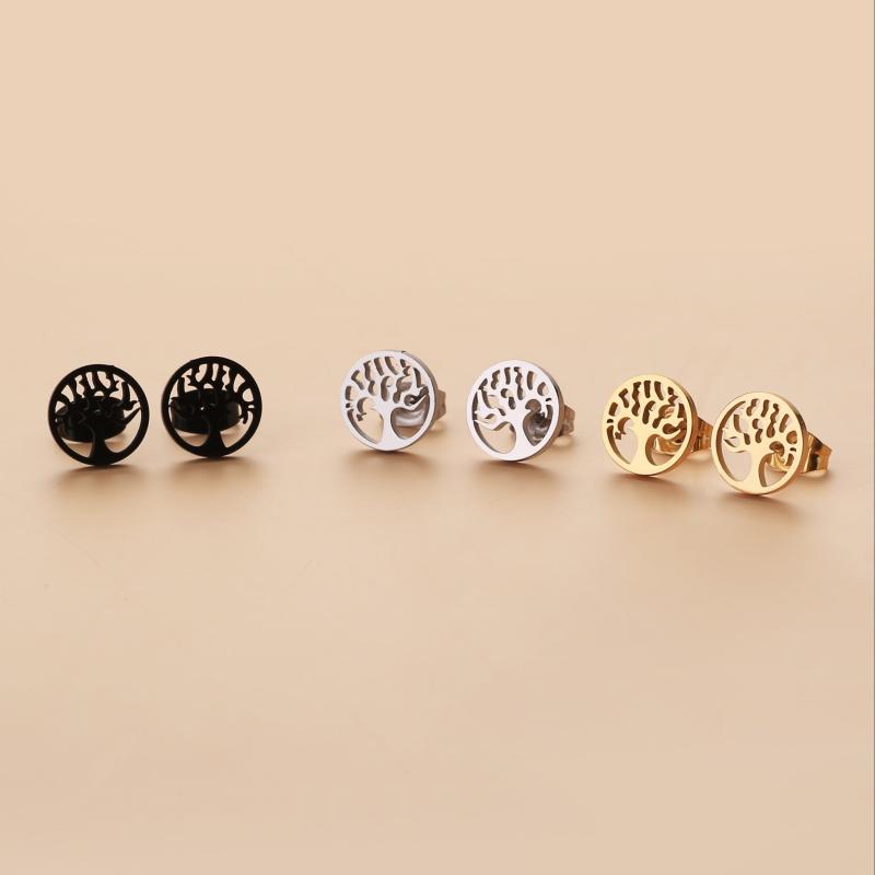 Life Tree Hollow Circle Stud Earrings Stainless Steel 18K Plated