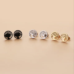 Life Tree Hollow Circle Stud Earrings Stainless Steel 18K Plated