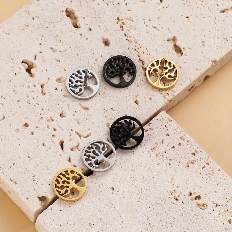 Life Tree Hollow Circle Stud Earrings Stainless Steel 18K Plated