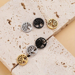 Life Tree Hollow Circle Stud Earrings Stainless Steel 18K Plated