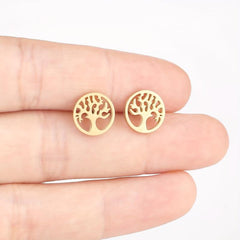Life Tree Hollow Circle Stud Earrings Stainless Steel 18K Plated