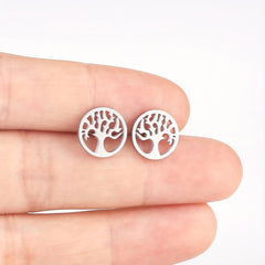 Life Tree Hollow Circle Stud Earrings Stainless Steel 18K Plated