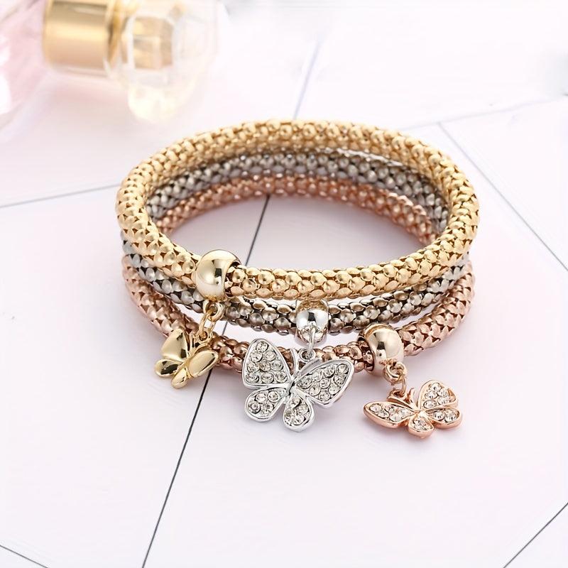 3pcs Mini Butterfly Pendant Bracelet Set Inlaid Rhinestone Hand Jewelry