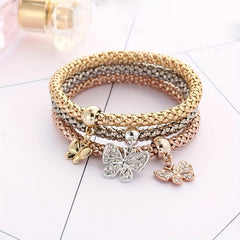 3pcs Mini Butterfly Pendant Bracelet Set Inlaid Rhinestone Hand Jewelry