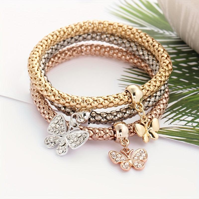 3pcs Mini Butterfly Pendant Bracelet Set Inlaid Rhinestone Hand Jewelry