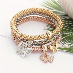 3pcs Mini Butterfly Pendant Bracelet Set Inlaid Rhinestone Hand Jewelry