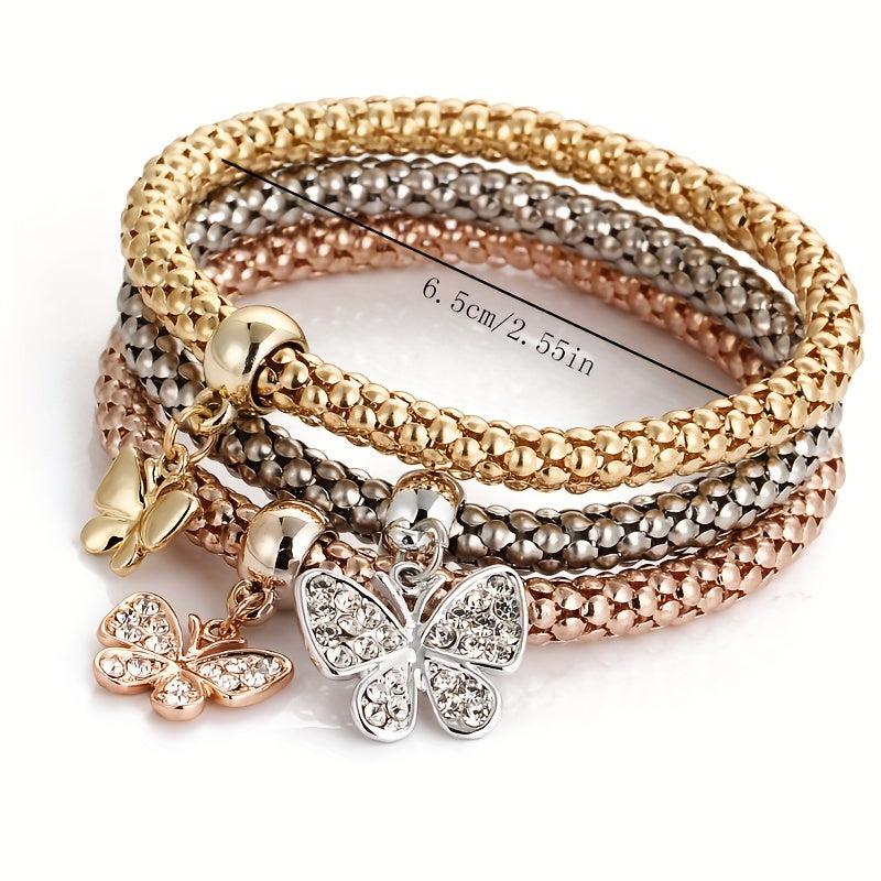 3pcs Mini Butterfly Pendant Bracelet Set Inlaid Rhinestone Hand Jewelry