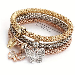 3pcs Mini Butterfly Pendant Bracelet Set Inlaid Rhinestone Hand Jewelry