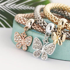 3pcs Mini Butterfly Pendant Bracelet Set Inlaid Rhinestone Hand Jewelry