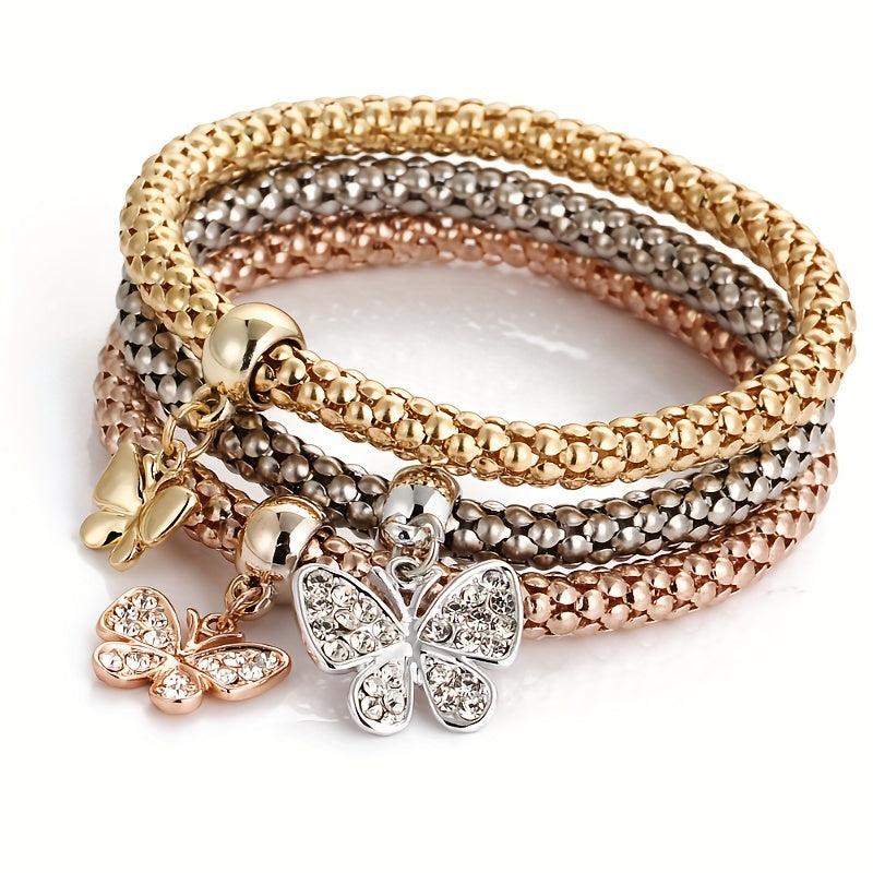 3pcs Mini Butterfly Pendant Bracelet Set Inlaid Rhinestone Hand Jewelry