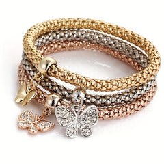 3pcs Mini Butterfly Pendant Bracelet Set Inlaid Rhinestone Hand Jewelry