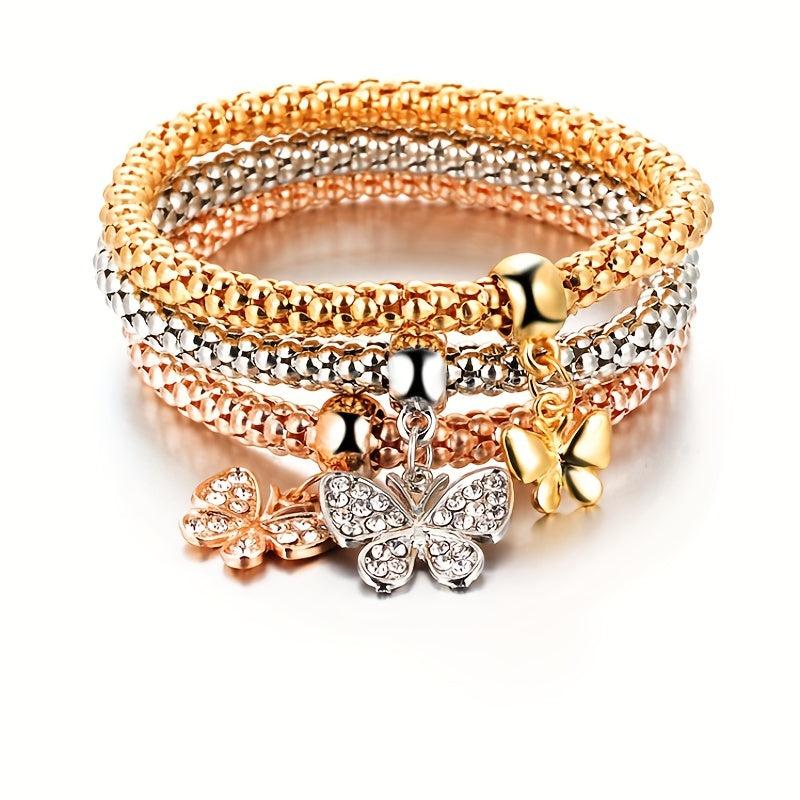 3pcs Mini Butterfly Pendant Bracelet Set Inlaid Rhinestone Hand Jewelry