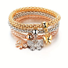 3pcs Mini Butterfly Pendant Bracelet Set Inlaid Rhinestone Hand Jewelry