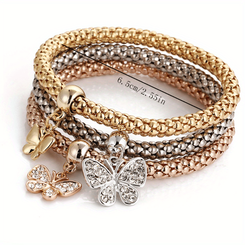 3pcs Mini Butterfly Pendant Bracelet Set Inlaid Rhinestone Hand Jewelry