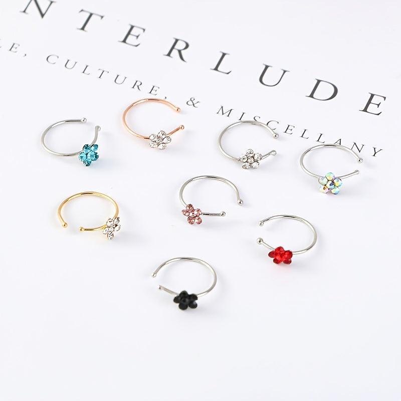 12pcs Rhinestone Flower Hoop Clip-On Nose Ring Women Girls