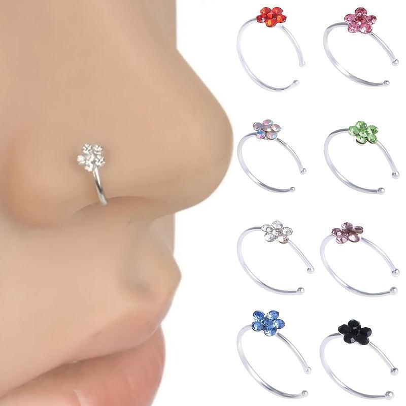 12pcs Rhinestone Flower Hoop Clip-On Nose Ring Women Girls