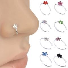 12pcs Rhinestone Flower Hoop Clip-On Nose Ring Women Girls
