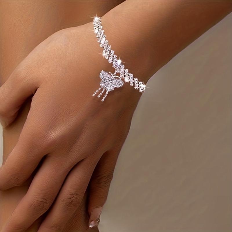 Butterfly Pendant Chain Bracelet Iced Out Rhinestone Charm Jewelry