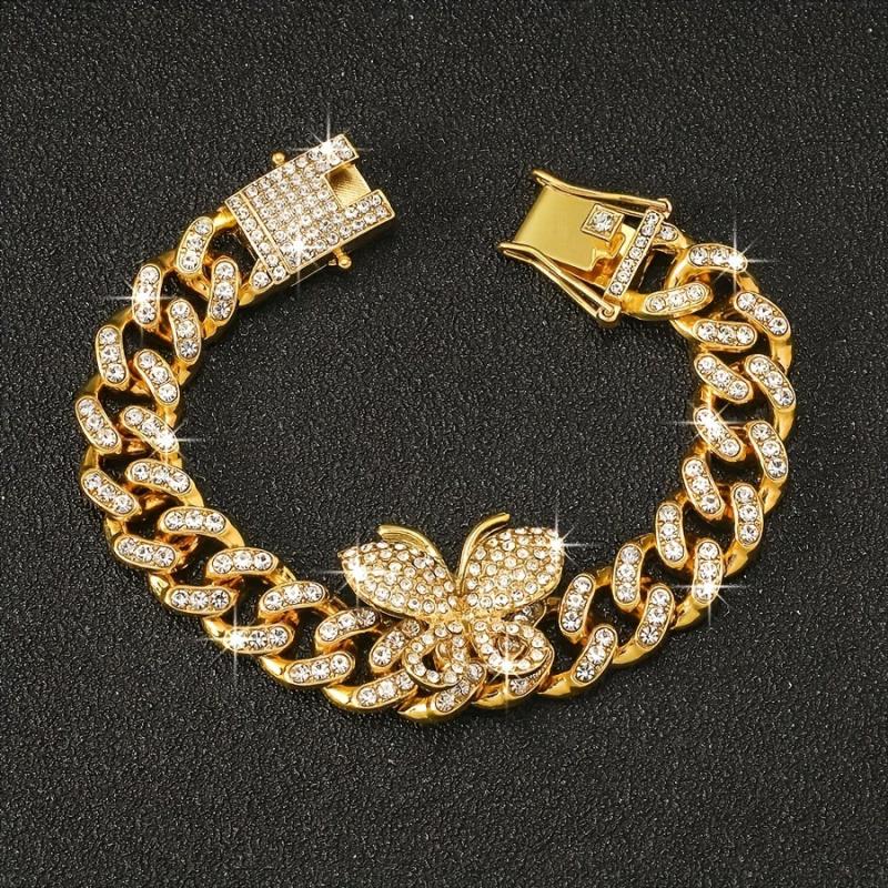 Hip Hop Butterfly Cuban Chain Bracelet Iced Out Rhinestone Hand Chain