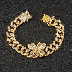 Hip Hop Butterfly Cuban Chain Bracelet Iced Out Rhinestone Hand Chain