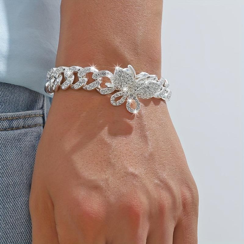 Hip Hop Butterfly Cuban Chain Bracelet Iced Out Rhinestone Hand Chain