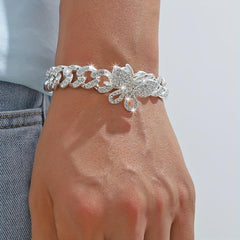 Hip Hop Butterfly Cuban Chain Bracelet Iced Out Rhinestone Hand Chain