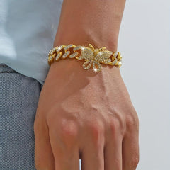 Hip Hop Butterfly Cuban Chain Bracelet Iced Out Rhinestone Hand Chain