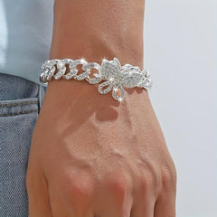 Hip Hop Butterfly Cuban Chain Bracelet Iced Out Rhinestone Hand Chain