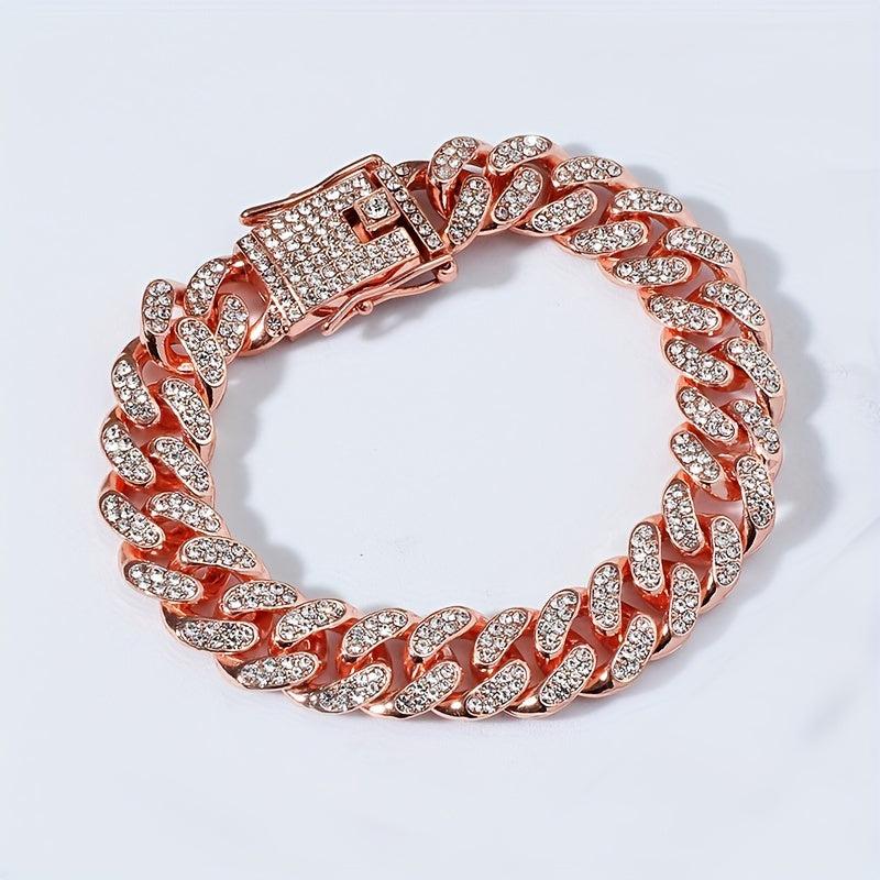 Iced Out Rhinestone Cuban Chain Bracelet Hip Hop Style Hand Jewelry