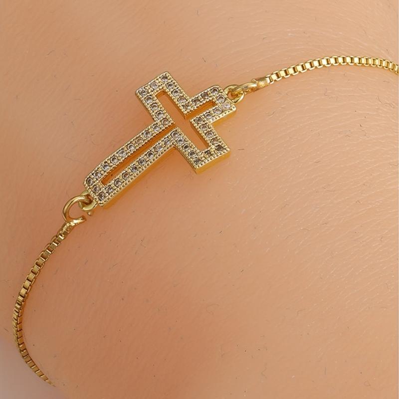 Micro Paved Zircon Cross Chain Bracelet Adjustable Hand Chain